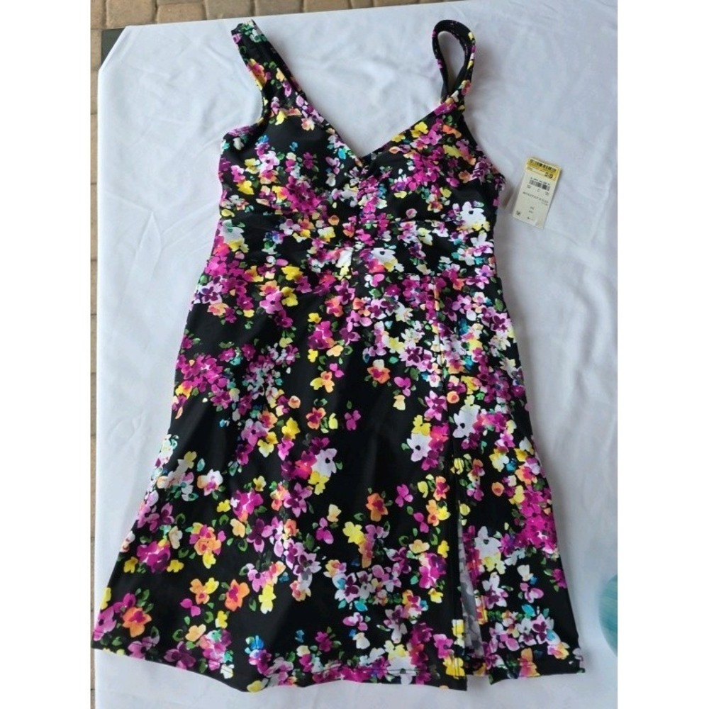 Lands' End Black One-Piece Swimsuit with Pink Yellow White Floral Print XS 374